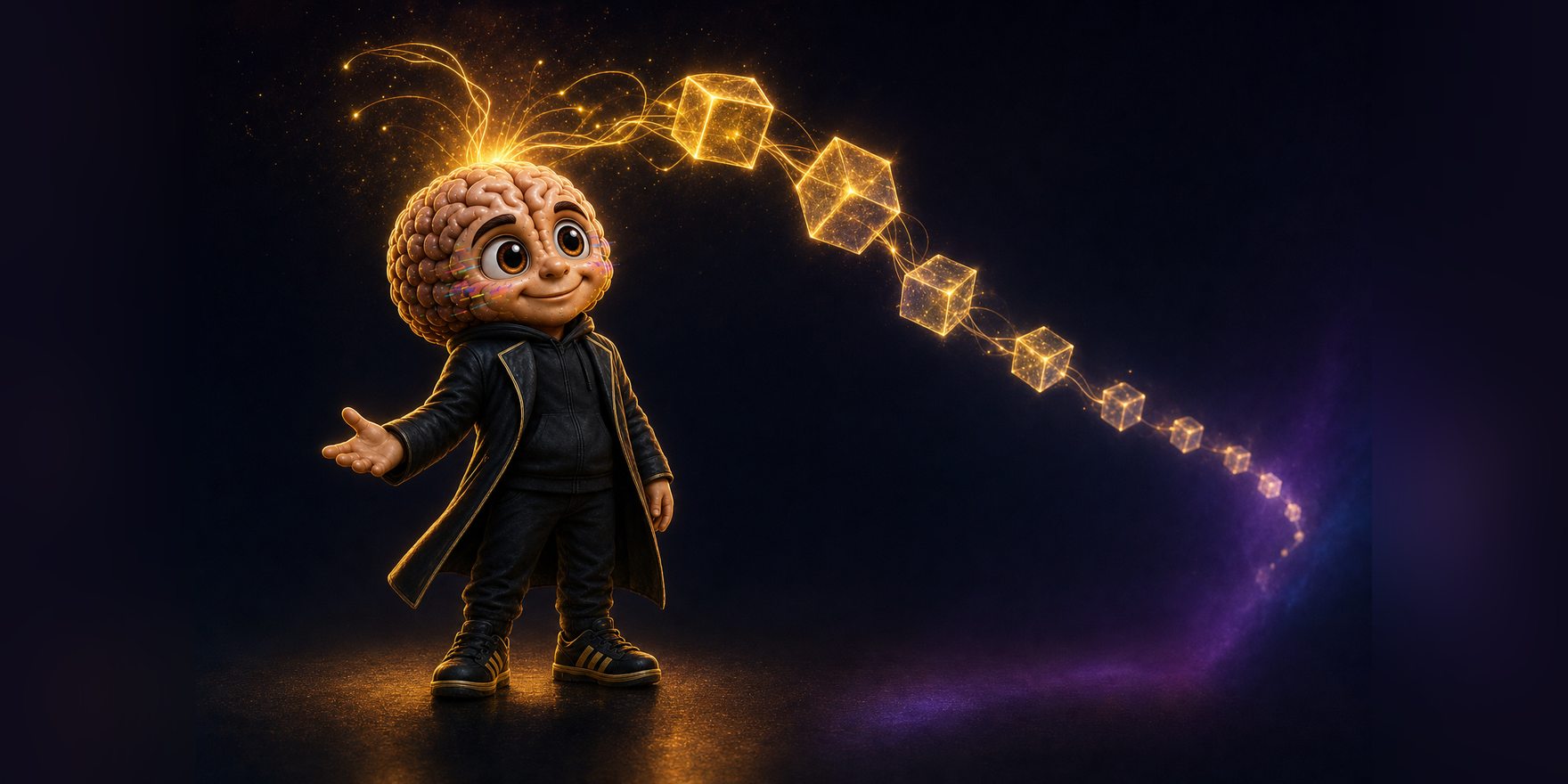BOBAI's brain wired into a chain of glowing blocks