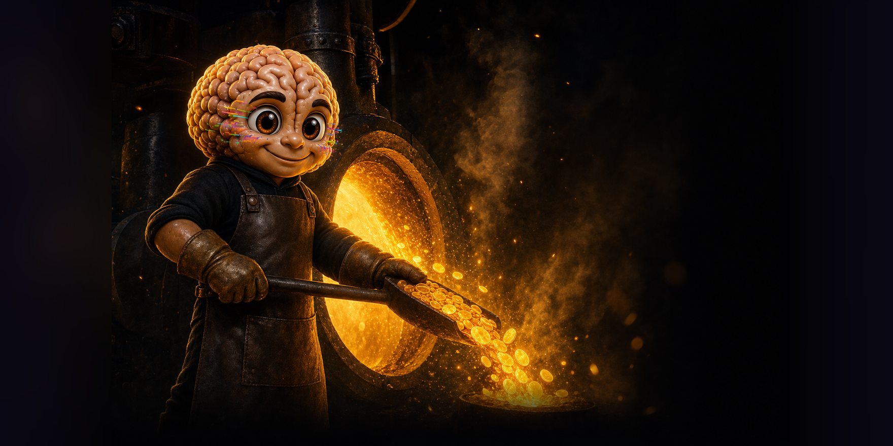 BOBAI feeding glowing coins into a furnace